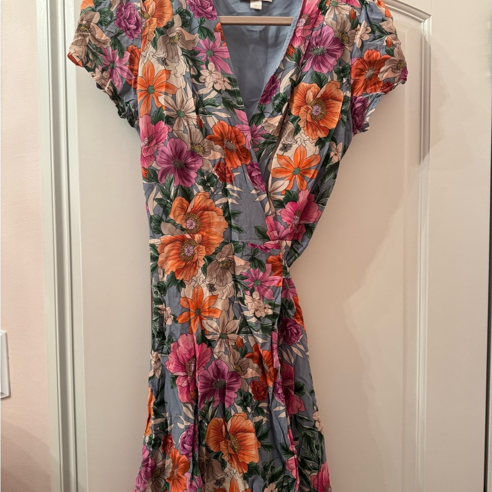 Yumi Kim Flutter Sleeve Wrap Midi Dress in Orange and Pink